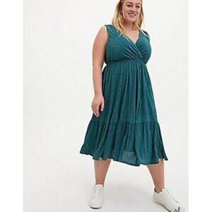 Torrid Crinkle Knit Surplice Midi Skater Dress Pine Green Plus Size Women 2X
